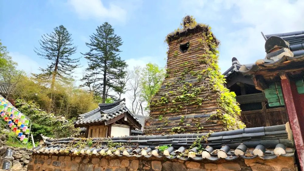 A traditional Korean temple chimney covered in ivy at Magoksa Temple in Gongju, South Korea, with tiled roofs and spring trees in the background.