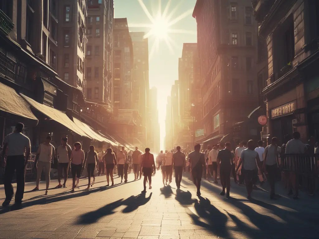 People walking under intense sun in Busan city