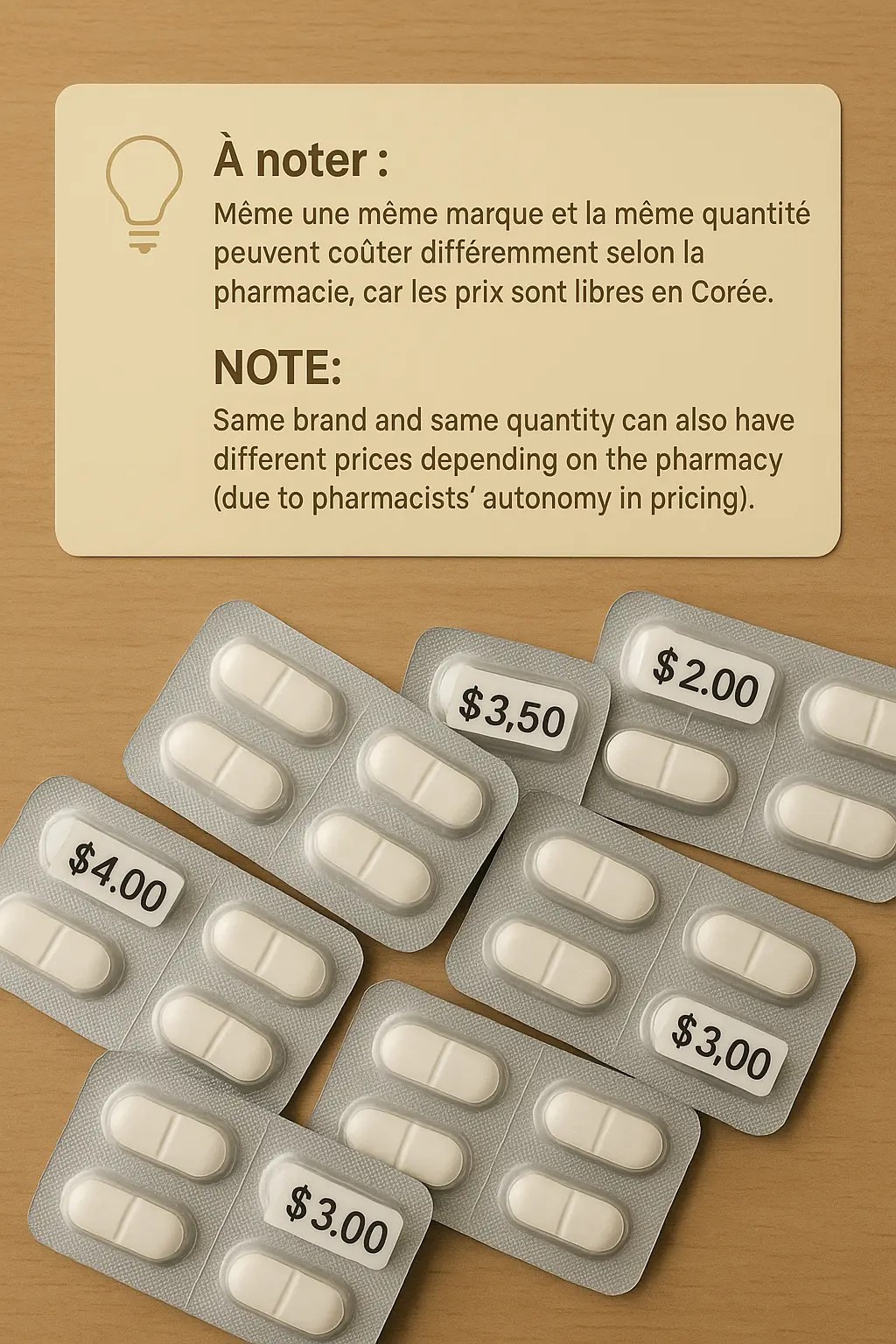 Même une même marque et la même quantité peuvent coûter différemment selon la pharmacie, car les prix sont libres en Corée.