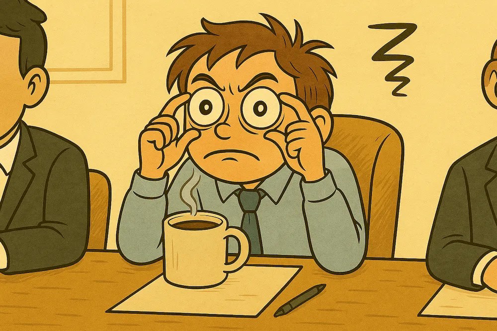 Cartoon man forcing his eyes open with fingers during a business meeting, with coffee mug in front