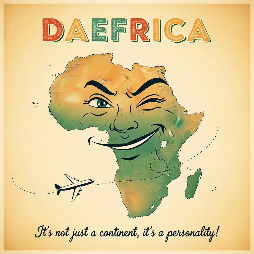 "Winking Africa continent illustration with the word DAEFRICA and the phrase 'it's not a continent, it's a personality'"
"Illustration du continent africain faisant un clin d’œil, avec le mot DAEFRICA et la phrase 'ce n’est pas un continent, c’est une personnalité'"