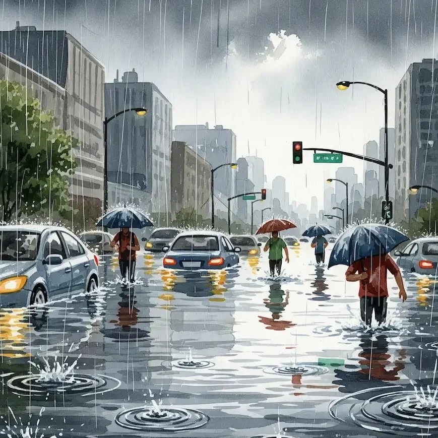 A flooded road in Korea following days of intense monsoon rain, with people and vehicles making their way through deep water. This scene reflects the unpredictable nature of Korean summers — from heavy rain to muggy heat.