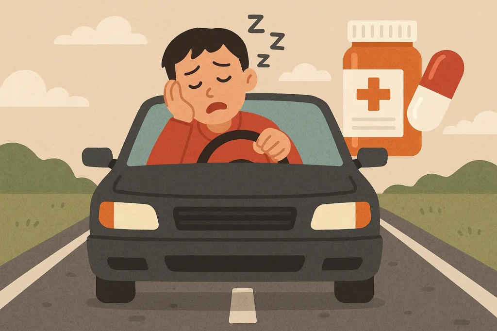 A sleepy man dozing off at the wheel after taking medication, with a pill bottle and capsule shown in the background.
