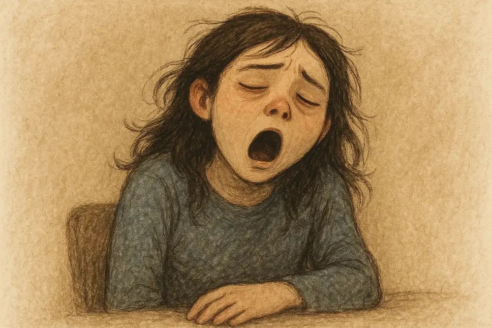 Une femme fatiguée bâillant les yeux fermés, visiblement épuisée.