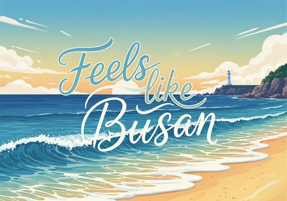 Busan Igidae lighthouse view with “feels like Busan” typography