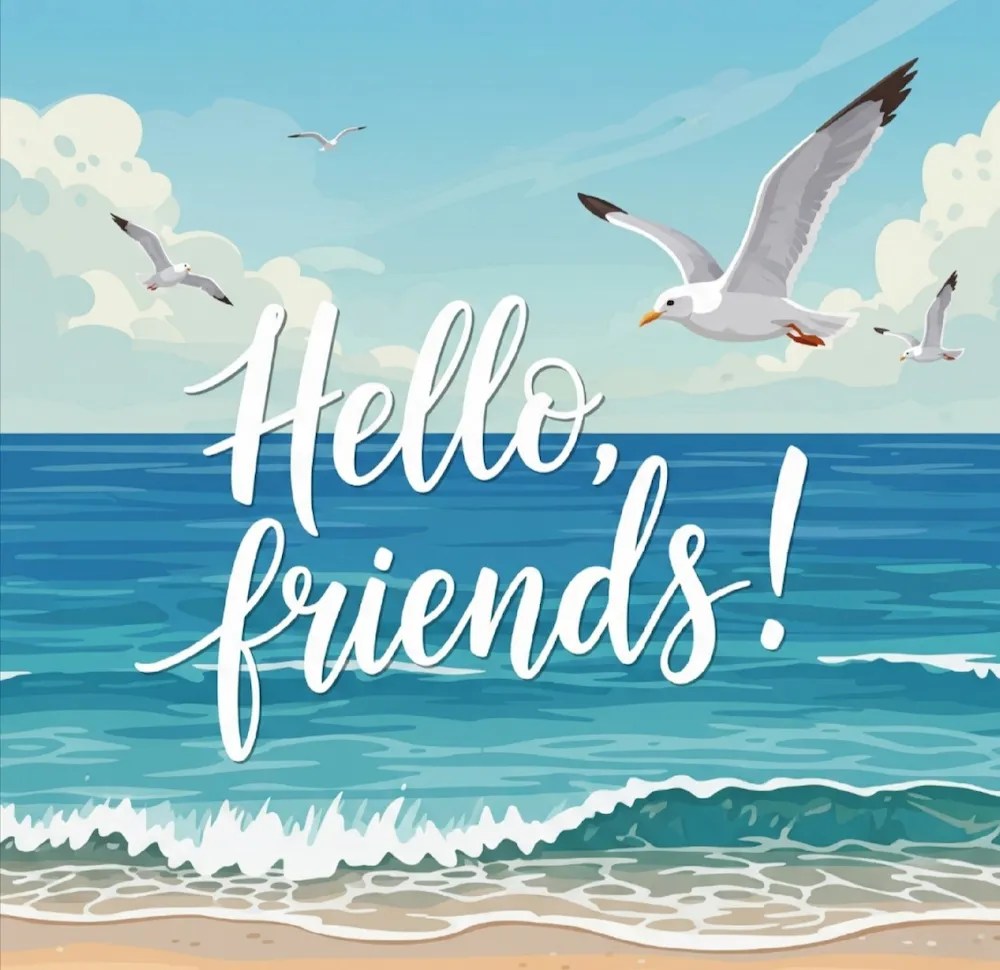Korean beach typography image saying “hello, friends” with seagulls and ocean view