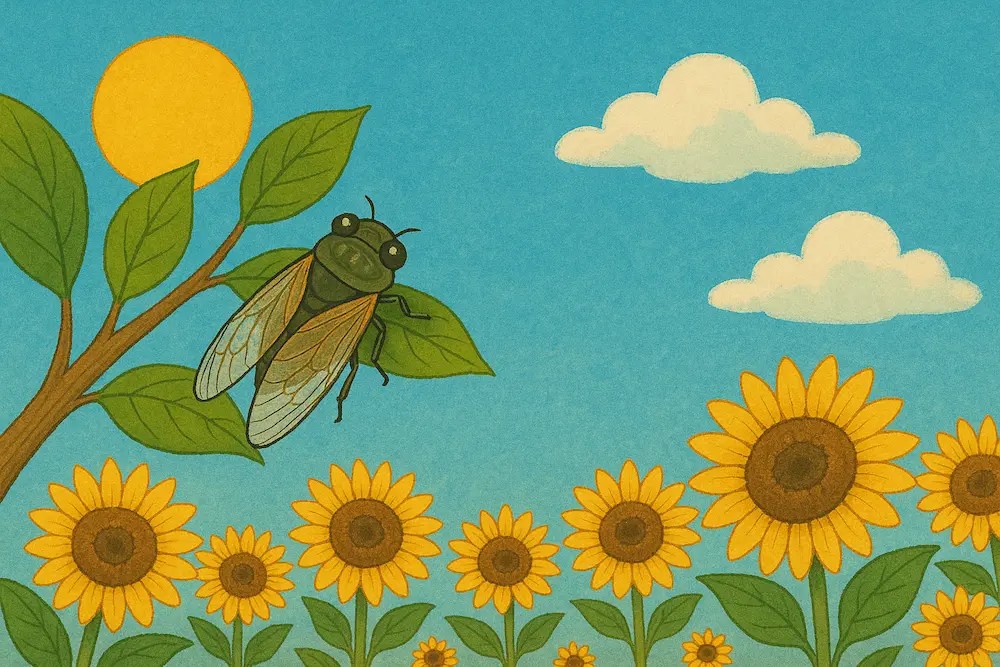 Cicada perched on a branch above a sunflower field under a bright blue summer sky. - 부사니