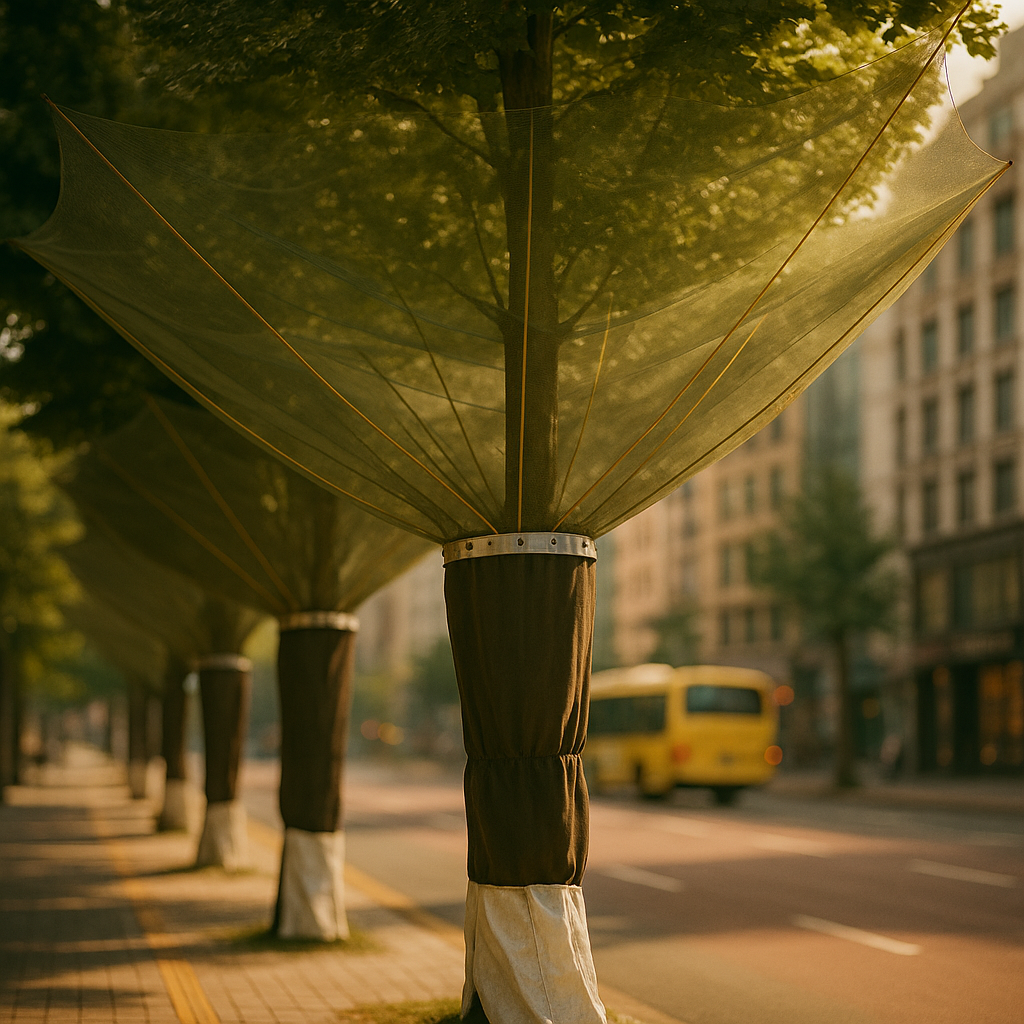 Row of ginkgo trees in Korea covered with nets to collect falling fruits in early autumn, preventing the strong smell on city streets.