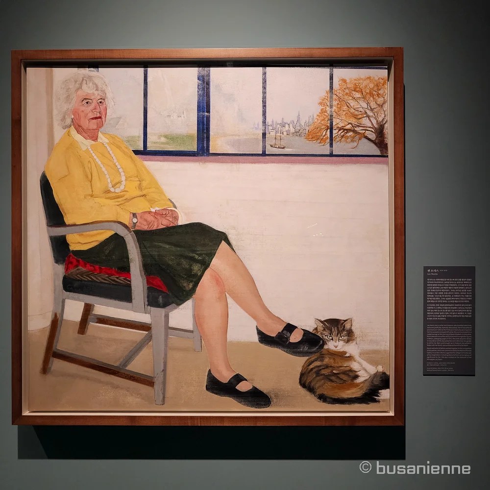 Portrait of Jan Morris, portrayed by Arturo Di Stefano between 2004 and 2005, shown at the Writers Revealed exhibition in Busan.
