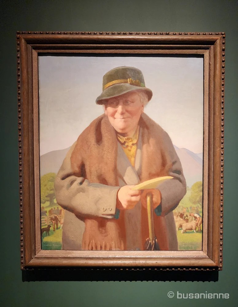 Portrait of Beatrix Potter painted by Delmar Banner in 1938, showing the author holding a letter, displayed at the Writers Revealed exhibition in Busan
