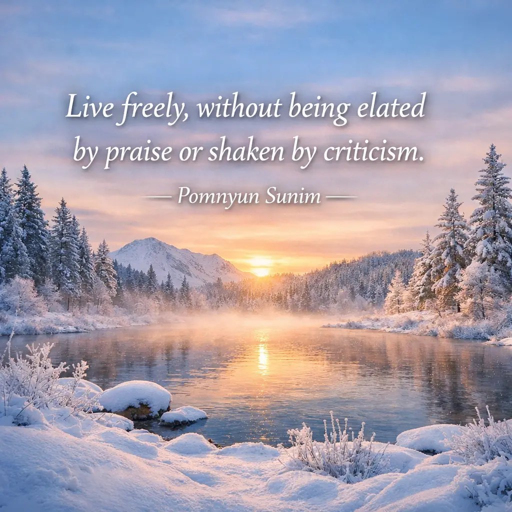 A quiet, empty space symbolizing inner freedom and calm, reflecting Pomnyun Sunim’s quote about remaining unmoved by praise and criticism