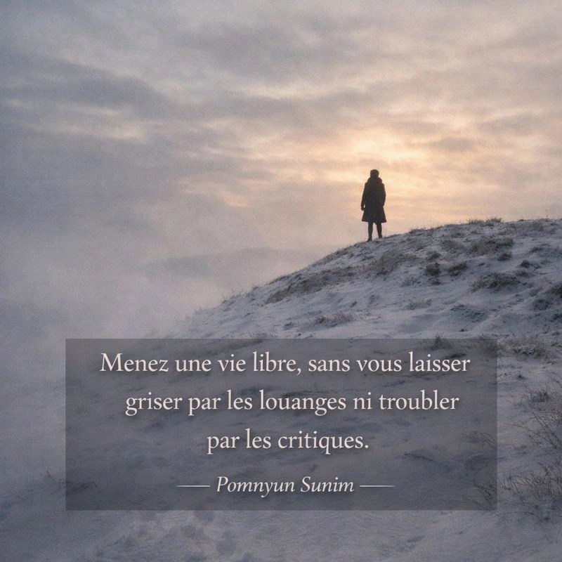 Un espace calme et épuré symbolisant la liberté intérieure, en résonance avec la citation de Pomnyun Sunim sur le détachement face aux louanges et aux critiques